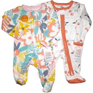 2 Just One You Carter's Footed Sleeper Lot Newborn Girl Cherry Floral Cotton